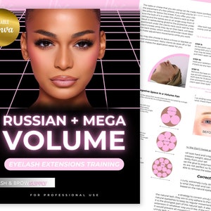 Puede incluir: Un manual de formación rosa y negro para extensiones de pestañas de volumen ruso y mega volumen. La portada presenta a una mujer con pestañas largas y el texto "Russian + Mega Volume Eyelash Extensions Training".