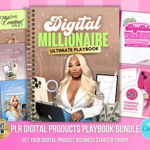 May include: A digital product bundle for creating and selling digital products. The bundle includes a digital millionaire playbook, a creative content vault, a social media content planner, a viral business planner, and a digital workbook. The bundle is designed to help people start and grow their digital product business. The image features a woman in front of a laptop, a phone, and a ring light. The image also includes the text "PLR Digital Products Playbook Bundle" and "Get Your Digital Product Business Started Today!"