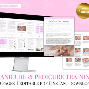 May include: A pink and gold digital download for a 98-page manicure and pedicure training guide. The text "MANICURE & PEDICURE TRAINING" is in a large, bold font. The text "98 PAGES | EDITABLE PDF | INSTANT DOWNLOAD" is in a smaller font. The image also includes a computer screen showing a page from the guide with the title "Benefits of Foot Massages".
