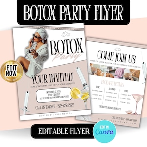Puede incluir: Dos folletos para una fiesta de Botox. El primer folleto presenta a una mujer con bata y gafas de sol, sosteniendo una bebida. El segundo folleto dice "Únete a nosotros" y enumera los detalles del paquete. Los folletos tienen un esquema de color rosa y blanco.