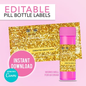 Könnte beinhalten: Bearbeitbare Pillenfläschchen-Etiketten mit goldfarbenem Glitzerhintergrund und dem Text "Glamour Girl" in Schwarz. Die Etiketten sind für 60 Dram-Fläschchen konzipiert. Die Etiketten stehen zum sofortigen Download bereit und können mit Canva bearbeitet werden.