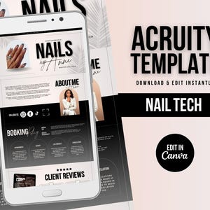 Könnte beinhalten: Eine digitale Vorlage, die auf einem Smartphone-Bildschirm angezeigt wird und die Geschäftsinformationen eines Nageltechnikers zeigt. Das Design enthält den Text "NAILS by Anne", "ABOUT ME" und "CLIENT REVIEWS". Der Hintergrund ist ein zartes Rosa mit Palmenblatt-Akzenten. Die Wörter "ACRUITY TEMPLATE" und "NAIL TECH" sind ebenfalls sichtbar.