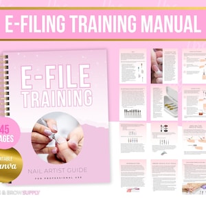 Peut inclure: Un manuel de formation au limage électronique rose et or de 45 pages. La couverture présente une photo d'une main utilisant un lime électronique sur un ongle. Le texte sur la couverture indique "E-File Training" et "Nail Artist Guide for Professional Use".