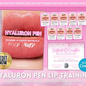 Puede incluir: Gráfico rosa y blanco para la formación de labios con Hyaluron Pen. La imagen incluye un manual encuadernado en espiral, diagramas de mapeo de labios y un certificado de finalización. El texto incluye "Materiales de formación y cursos no invasivos".