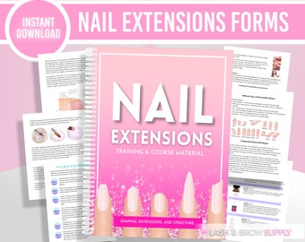 May include: A pink and white spiral bound book with the title "Nail Extensions Training & Course Material" and the text "Shaping, Extensions, and Structure". The book has a pink background with glitter and a picture of a hand with pink nail extensions.