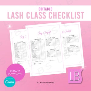 Op de afbeelding: Bewerkbare checklist voor wimperlessen. De checklist bevat secties voor de wimperset, de benodigdheden en eten en drinken. De checklist is bedoeld voor wimperstylisten en -studenten.