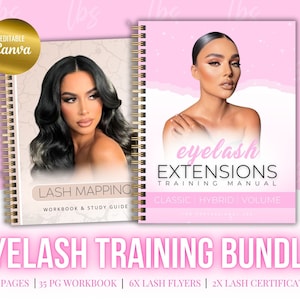 Può includere: Un manuale di formazione rosa e bianco con il testo "eyelash EXTENSIONS TRAINING MANUAL" e "CLASSIC HYBRID VOLUME". Il manuale è rilegato con una rilegatura a spirale dorata. È anche visibile un secondo manuale con il testo "LASH MAPPING WORKBOOK & STUDY GUIDE". Il testo "EYELASH TRAINING BUNDLE" è nella parte inferiore dell'immagine. Il testo "95 PAGES | 35 PG WORKBOOK | 6X LASH FLYERS | 2X LASH CERTIFICATES" è anche nella parte inferiore dell'immagine.