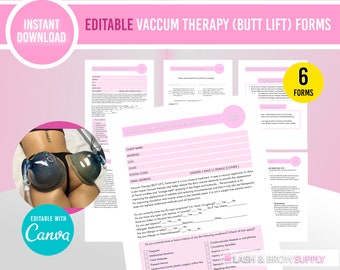 Formularios de levantamiento de glúteos con terapia de vacío (PDF), formularios de admisión editables para contorno corporal, formularios de admisión, levantamiento de glúteos no invasivo, BBL, formularios de consentimiento, escultura corporal