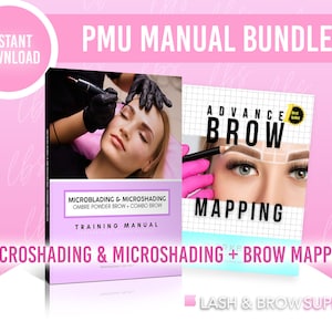 Puede incluir: Un paquete de dos manuales de formación para artistas de maquillaje permanente. El primer manual se titula "Microblading & Microshading Ombre Powder Brow - Combo Brow Training Manual" y presenta a una mujer recibiendo un tratamiento de cejas. El segundo manual se titula "Advance Brow Mapping" y presenta a una mujer con las cejas marcadas para un tratamiento de cejas. Ambos manuales son rosas y blancos con un fondo rosa.