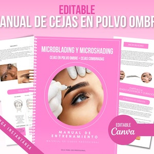 Może przedstawiać: Różowo-biały podręcznik zatytułowany "Microblading i Microshading" z podtytułem "Cejas en Polvo Ombre + Cejas Combinadas". Podręcznik jest otwarty na stronie pokazującej oko kobiety z brwią, która jest poddawana zabiegowi microbladingu. Podręcznik zawiera również tekst "Manual de Entrenamiento" i "Material de Curso Profesional".