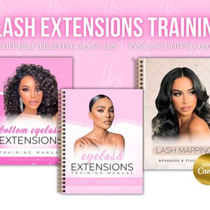 May include: Three pink training manuals for lash extensions. The manuals have images of models with lash extensions and the titles "bottom eyelash extensions training manual", "eyelash extensions training manual classic hybrid volume", and "lash mapping workbook & study".