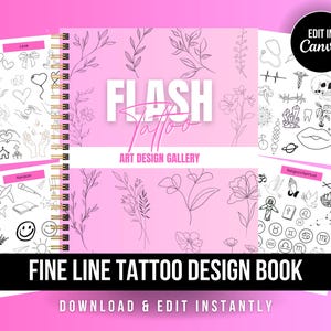 May include: A spiral-bound fine line tattoo design book with a pink cover featuring floral line art. The cover displays the text FLASH TATTOO ART DESIGN GALLERY. Surrounding pages show various black line art icons including hearts, zodiac symbols, and religious motifs.