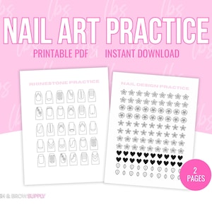 May include: Printable nail art practice sheets with two pages. The first page features a variety of rhinestone designs for nail art practice. The second page features a variety of flower, heart, and drop designs for nail art practice.