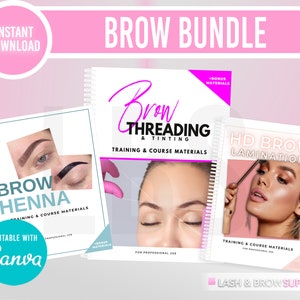 May include: A bundle of three digital training manuals for brow services. The manuals are titled "Brow Henna", "Brow Threading & Tinting", and "HD Brow Lamination". Each manual features a model with beautifully shaped eyebrows and the text "Training & Course Materials".