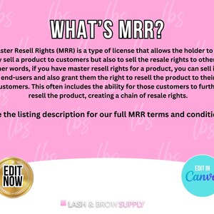 May include: Pink background with the text "WHAT'S MRR?" and an explanation of Master Resell Rights (MRR). The text says that MRR is a type of license that allows the holder to sell a product to customers and also sell the resale rights to others. The text also says that MRR allows the holder to grant customers the right to resell the product to their customers. The text also says that MRR can create a chain of resale rights. The text also says to see the listing description for full MRR terms and conditions. There are two buttons at the bottom of the image. The button on the left says "EDIT NOW" and the button on the right says "EDIT IN Canva".
