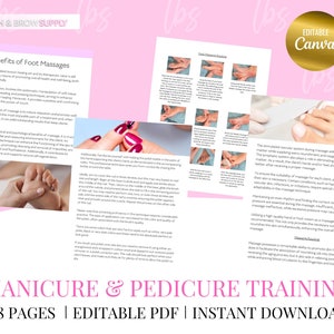 May include: A pink and white digital download for a 98-page manicure and pedicure training course. The text "EDITABLE Canva" is on a gold circle in the upper right corner of the image. The text "MANICURE & PEDICURE TRAINING" is in a large, bold font at the bottom of the image.