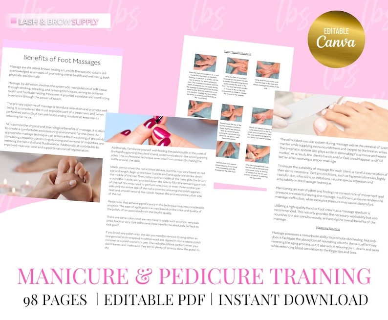 May include: A pink and white digital download for a 98-page manicure and pedicure training course. The text "EDITABLE Canva" is on a gold circle in the upper right corner of the image. The text "MANICURE & PEDICURE TRAINING" is in a large, bold font at the bottom of the image.