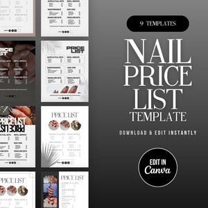 Op de afbeelding: Een verzameling van negen nagelprijslijst-sjablonen. De sjablonen tonen tekst zoals "Prijslijst" en categorieën zoals "Acryl Full Sets", "Infill Service" en "Manicure Sets". De sjablonen zijn ontworpen om te worden bewerkt in Canva.