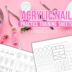 Pode incluir: Fundo rosa com folhas de treino para unhas de acrílico. As folhas têm contornos de formas de unhas para praticar. Também estão presentes ferramentas para unhas, pequenas garrafas de vidro com conteúdo rosa e uma tigela de rosas cor-de-rosa.