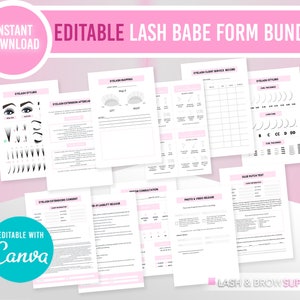 May include: A set of printable forms for lash technicians, including client intake, service record, consent, liability release, consultation, photo and video release, glue patch test, and eyelash styling. The forms are editable in Canva and feature a pink and white color scheme.