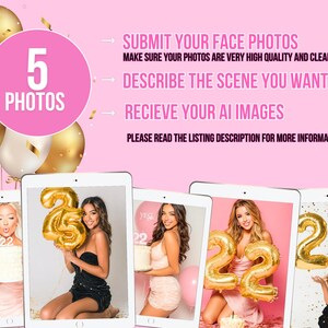 Op de afbeelding: Roze achtergrond met gouden ballonnen en tekst: "5 FOTO'S", "VERZEND UW GEZICHTSFOTO'S", "BESCHRIJF DE SC&Egrave;NE DIE U WILT", "ONTVANG UW AI-AFBEELDINGEN". Vier tablets tonen vrouwen met "22" ballonnen.