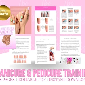 Puede incluir: Una descarga digital rosa y dorada para un manual de formaci&oacute;n en manicura y pedicura. La portada presenta una foto de manos con esmalte de u&ntilde;as de colores y una foto de pies con u&ntilde;as pintadas. El texto de la portada dice "Manicures & Pedicures Training Manual". El texto en la parte inferior de la imagen dice "118 P&aacute;ginas | PDF Editable | Descarga instant&aacute;nea".