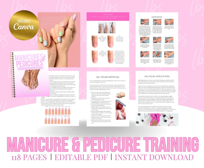 Puede incluir: Una descarga digital rosa y dorada para un manual de formaci&oacute;n en manicura y pedicura. La portada presenta una foto de manos con esmalte de u&ntilde;as de colores y una foto de pies con u&ntilde;as pintadas. El texto de la portada dice "Manicures & Pedicures Training Manual". El texto en la parte inferior de la imagen dice "118 P&aacute;ginas | PDF Editable | Descarga instant&aacute;nea".