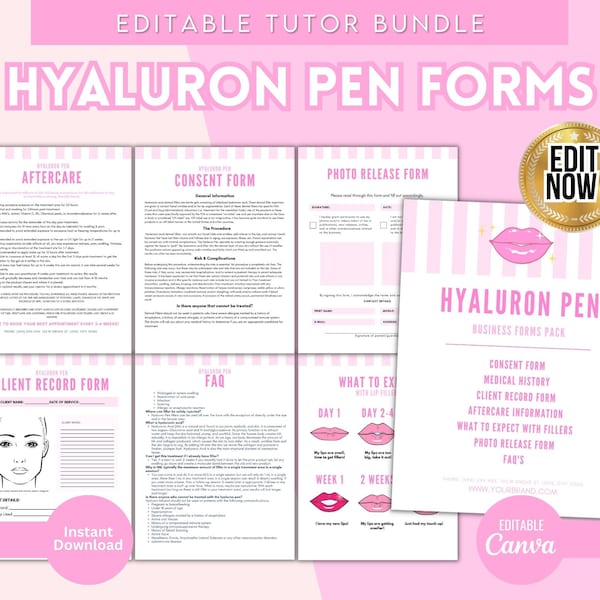 Hyaluron Pen Consent Form, Client Record Form, Client Waiver, Aftercare, Treatment Record, Dermal Filler, Lips, Esthetician, Intake Forms