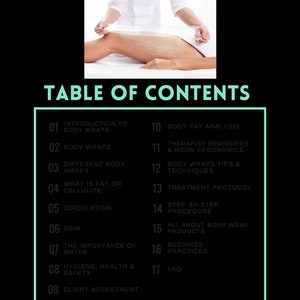 May include: A table of contents for a body wrap guide. The guide covers topics such as introduction to body wraps, different body wraps, what is fat or cellulite, circulation, skin, the importance of water, hygiene, health and safety, client assessment, body fat analysis, therapist reminders and room ergonomics, body wraps tips and techniques, treatment protocol, step-by-step procedure, all about body wrap products, business practices, and FAQ.