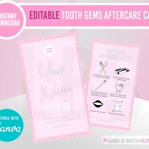 Cuidados posteriores com joias de dente, Joias dentárias com joias de dentes, Cartão de cuidados posteriores, Esteticista, Gemas de dente, Postagens de gemas de dente, Modelo Canva