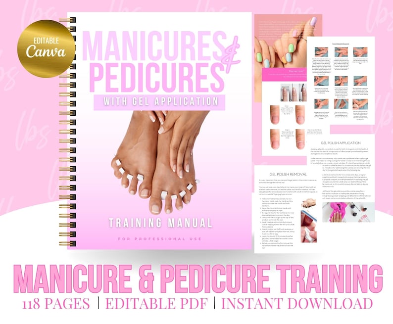 Puede incluir: Un manual de formaci&oacute;n rosa y blanco con el t&iacute;tulo "Manicuras y pedicuras con aplicaci&oacute;n de gel" y "Manual de formaci&oacute;n para uso profesional". El manual presenta una foto de los pies de una persona con esmalte de gel en los dedos de los pies. El manual tiene 118 p&aacute;ginas y es un PDF editable.