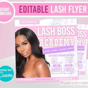 K&ouml;nnte beinhalten: Ein rosa und wei&szlig;er Flyer mit Marmorhintergrund, der f&uuml;r eine Lash Boss Academy wirbt. Der Flyer zeigt ein Foto einer Frau mit langen schwarzen Haaren und Wimpern. Der Text auf dem Flyer lautet "Lash Boss Academy" und enth&auml;lt Informationen &uuml;ber die Kurse der Akademie, die Studiengeb&uuml;hren und die Anzahlung. Der Flyer enth&auml;lt auch den Text "Lash & Brow Supply".