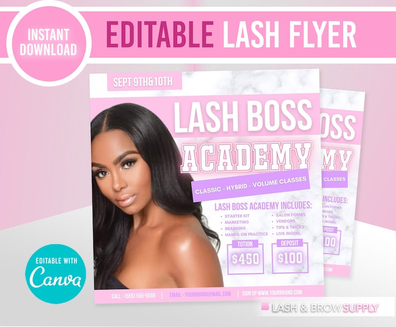 K&ouml;nnte beinhalten: Ein rosa und wei&szlig;er Flyer mit Marmorhintergrund, der f&uuml;r eine Lash Boss Academy wirbt. Der Flyer zeigt ein Foto einer Frau mit langen schwarzen Haaren und Wimpern. Der Text auf dem Flyer lautet "Lash Boss Academy" und enth&auml;lt Informationen &uuml;ber die Kurse der Akademie, die Studiengeb&uuml;hren und die Anzahlung. Der Flyer enth&auml;lt auch den Text "Lash & Brow Supply".