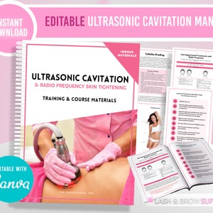 Puede incluir: Un manual de formación rosa y blanco para la cavitación ultrasónica y el tensado de la piel por radiofrecuencia. El manual incluye instrucciones, diagramas e imágenes del proceso de tratamiento. La portada presenta a una mujer recibiendo un tratamiento con un dispositivo de cavitación ultrasónica rosa. El manual es editable con Canva e incluye materiales adicionales.