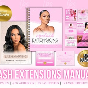 May include: A pink and gold lash extension training manual with a workbook, six flyers, and two certificates. The manual has a title that reads "eyelash extensions training manual" and "classic hybrid volume". The workbook is titled "lash mapping workbook & study guide". The flyers are for lash classes and the certificates are for lash training.