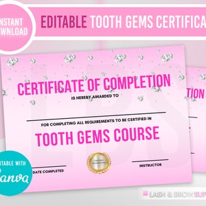 Tooth Jewelry Certificate, Teeth gems Certificate, dental jewelry, Certificate of completion, Esthetician, Tooth gems