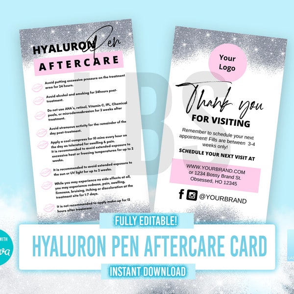 Hyaluron Pen, Hyaluron Pen aftercare, Needless Lip Filler Aftercare Cards, Printable PDF, Esthetician, Brandable Forms, Beauty, Lips