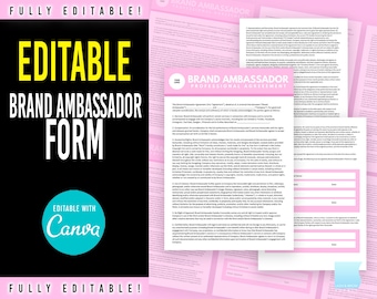 Brand ambassador contract, Brand Ambassador Form, Brand Ambassador template, Brand Influencer Contract, Social Media Influencer, beauty form
