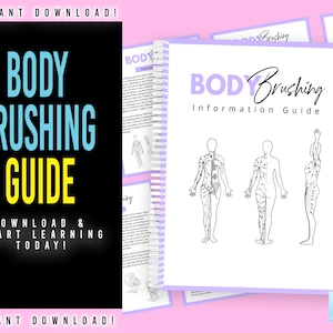 Puede incluir: Una guía púrpura y blanca con el título "Body Brushing Information Guide" e ilustraciones del cuerpo con líneas que muestran la dirección del cepillado. La guía está encuadernada en espiral y tiene el texto "Body Brushing Guide" en letras grandes azules y amarillas en la portada.