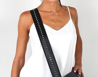 Studded cross body bag strap- Guitar strap- Black- Camera strap- Cross body purse strap- Handbag strap- Black bag strap