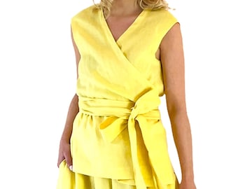 Yellow wrap linen top, Kimono Linen top, Wrap Linen top , Linen top, Linen wrap top, Wrap top, Sleeveless Wrap top, Linen shirt, Kimono top