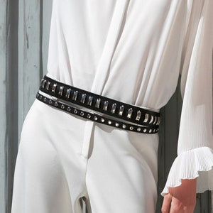 Silver studs black leather belt Studs belt  Black studded belt Studs waist belt  Long wrap belt  Dress belt Handmade belt  Genuine leather