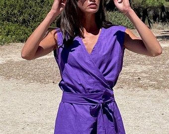 Wrap Linen Jumpsuit in Electric Purple, Wide Leg Linen Jumpsuit, Linen Jumpsuit Women , Linen Romper, Jumpsuit Dress, Purple linen jumpsuit
