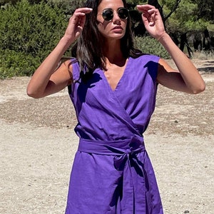 Wrap Linen Jumpsuit in Electric Purple, Wide Leg Linen Jumpsuit, Linen Jumpsuit Women , Linen Romper, Jumpsuit Dress, Purple linen jumpsuit