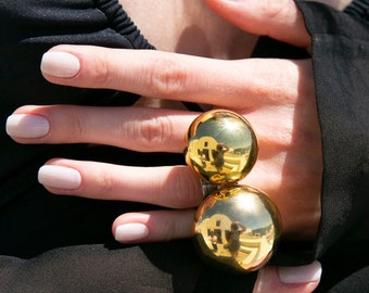 Extra Large Gold Statement Ring: Double Ball Oversized Cocktail Ring