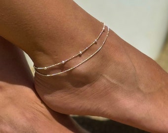 Sterling Silver Double Chain Anklet: Boho Beach Foot Jewelry