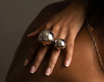 Bold XL Silver Ball Ring for Women – Chunky Statement Cocktail Ring – Sculptural Fashion Jewelry for Events & Everyday Glam