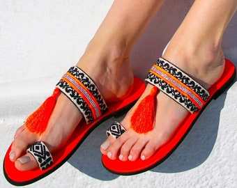 Custom  Sandals, Neon Orange, Boho Sandals, Handmade Sandals, Greek sandals,Neon sandals, Summer shoes, Vacation sandals, Bohemian sandals