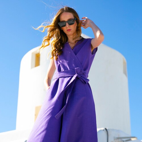 Purple shops Wrap Linen Jumpsuit , Wide Leg Linen Jumpsuit, Linen Jumpsuit Women , Linen Romper, Jumpsuit Dress, Purple linen jumpsuit