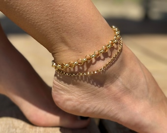 Tobillera de Oro, Pulsera de Tobillo de Doble Cadena, Pulsera de Tobillo de Oro, Regalo de Cumpleaños, Regalo para su Tobillera, Tobilleras, Joyería Boho, Tobillera de Oro,